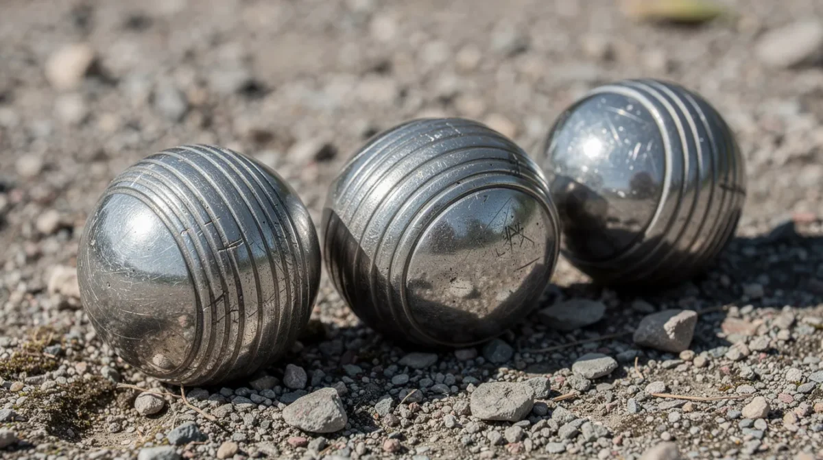 Trois boules de pétanque en acier posées sur du gravier, avec des striages différents visibles