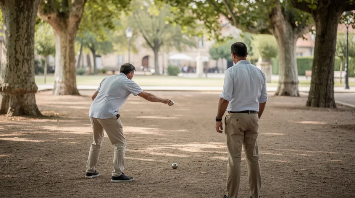 Un joueur montre sa position de tir à un autre joueur sur un terrain de pétanque, vus de dos