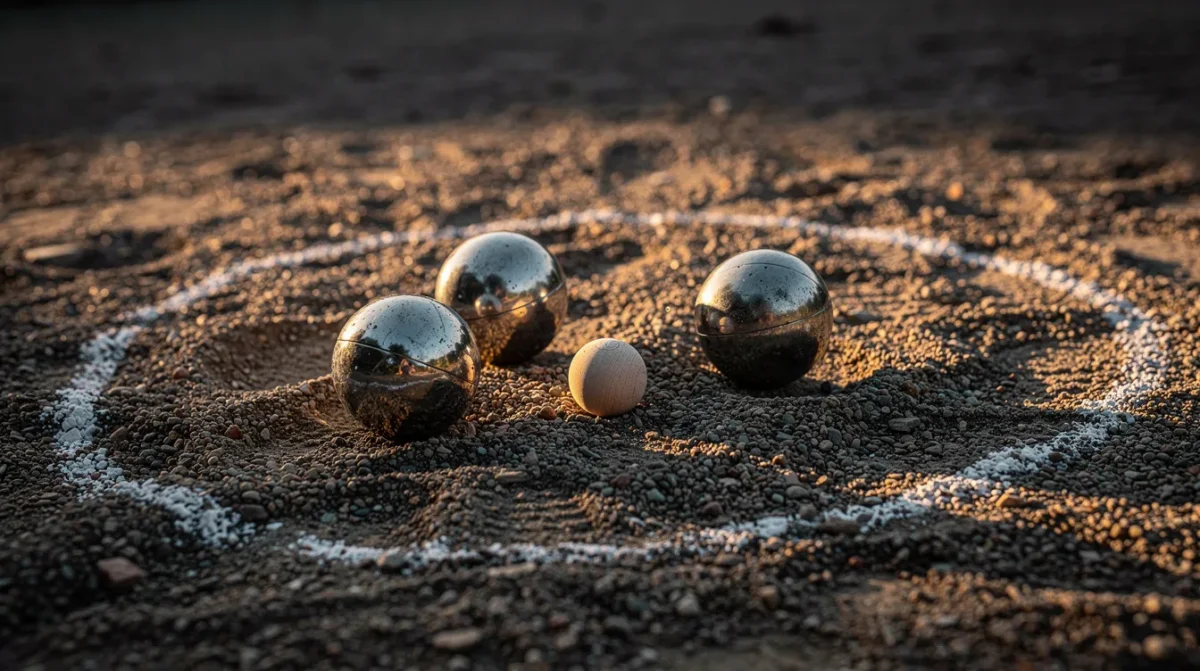 Terrain de pétanque en gravier avec cercle de lancer tracé et boules au sol